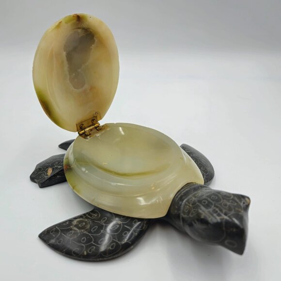 Stone Carved Turtle Box Hinged Lid Mother Baby Vintage Read - Picture 7 of 10